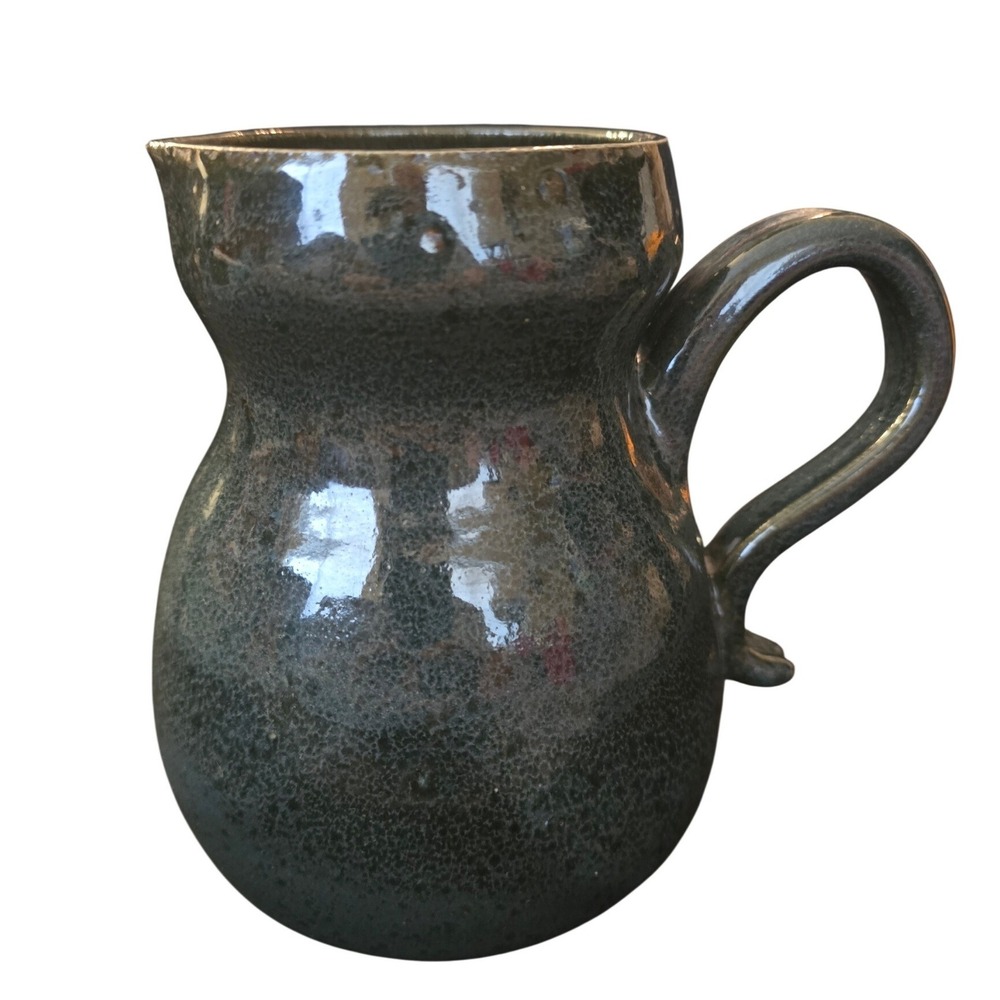 CW Signed Studio Pottery Pitcher Dark Grey Speckled Glaze Artisan Creamer 6.5"‎